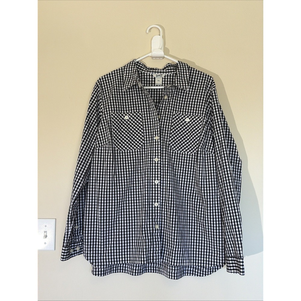 Duluth Trading Co Black Gingham Check Button Up Pocket Cotton Stretch Shirt‎ XXL